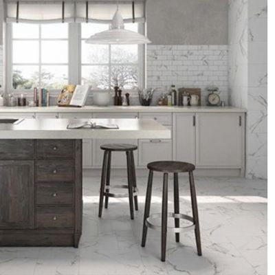 white marble tile floors in a bright Saskatoon kitchen